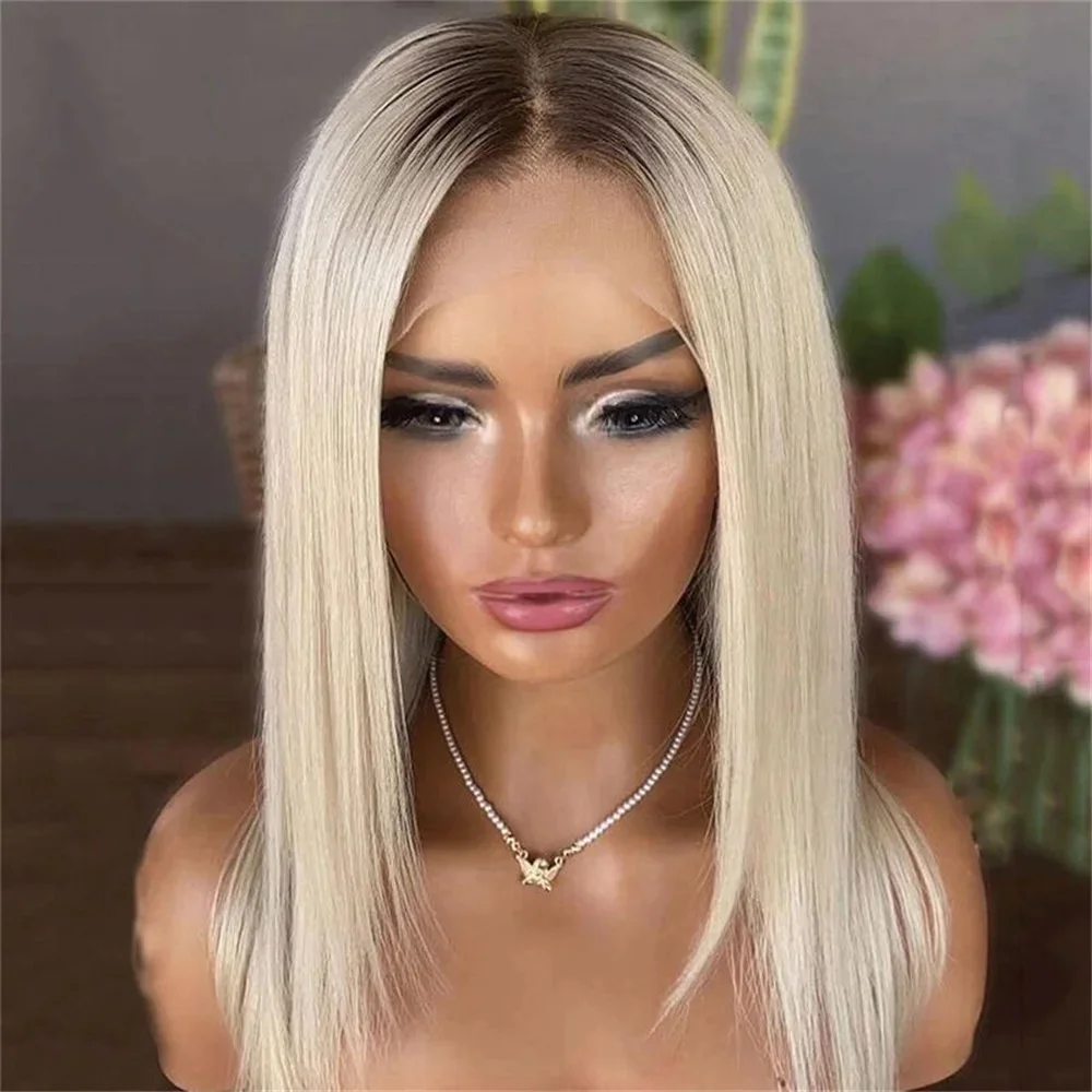 Creamy Blonde Synthetic Lace Top Wigs with Dark roots Not Knotted Straight Bob Soft High Quality Premium Wig For Women Daily Use