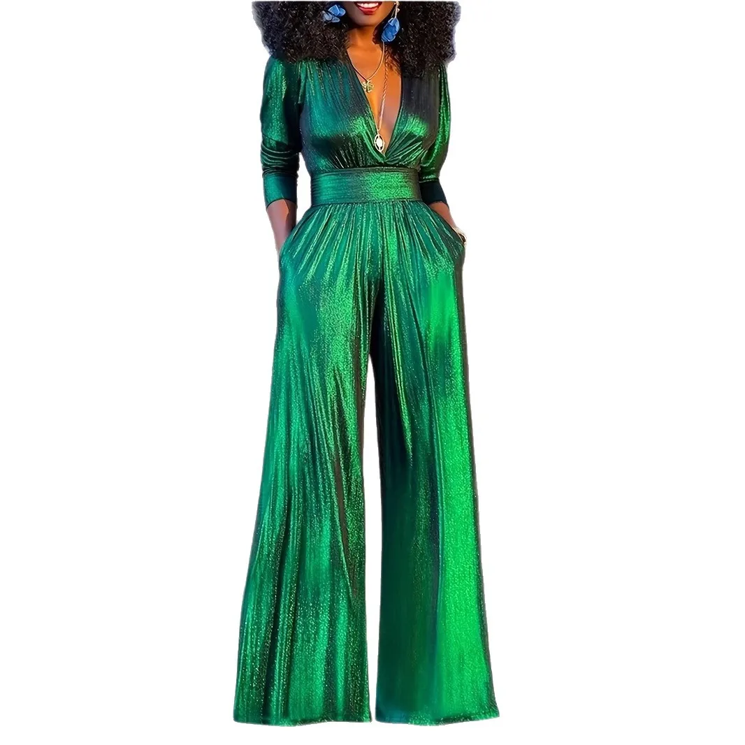 Woman Clothes Jumpsuits Women's Autumn Sexy V-neck Long-sleeved Bronzing Jumpsuit Overalls For Women's Bodysuit Long Jumpsuits