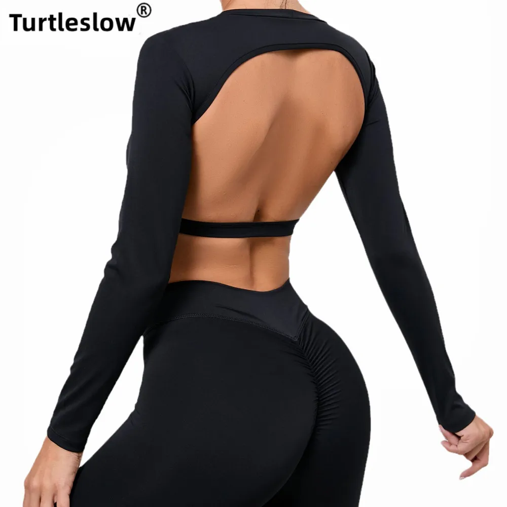 

Women Sexy Backless Yoga Shirt With Detachable Chest Pad Anti-Sweat Quick-Dry Sports Thirt Tight Slim Long-sleeved Fitness Suit