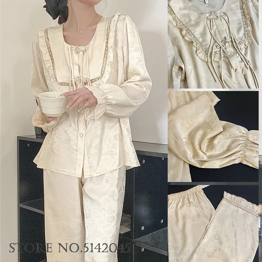 Female Pajamas Set Chinese Style Sleepwear Trouser Suits Exquisite Jacquard Long Sleeve Pijamas Suit LoungeWear Loose Home Wear