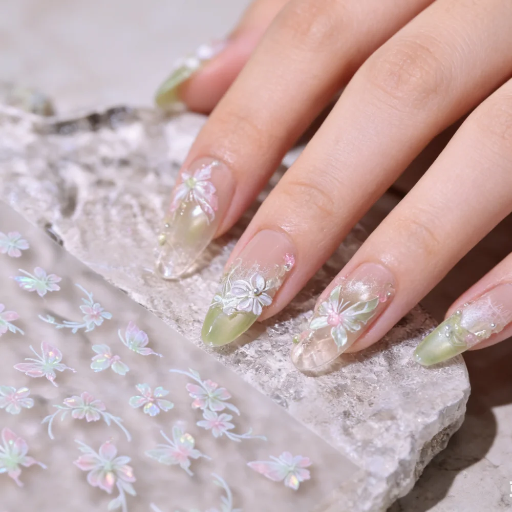 1/2Pcs 5D Dream Pink Green Butterfly Flower Nail Stickers Shell Light Aurora Floral Nail Decals Iridescent Desgin DIY Nail Parts