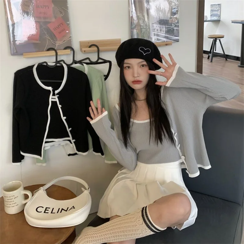 Vintage Harajuku High Street Cardigan for Women Elegant Female Korean Casual All Match Fashion Tops Sets Two Pieces Hotsweet Tee