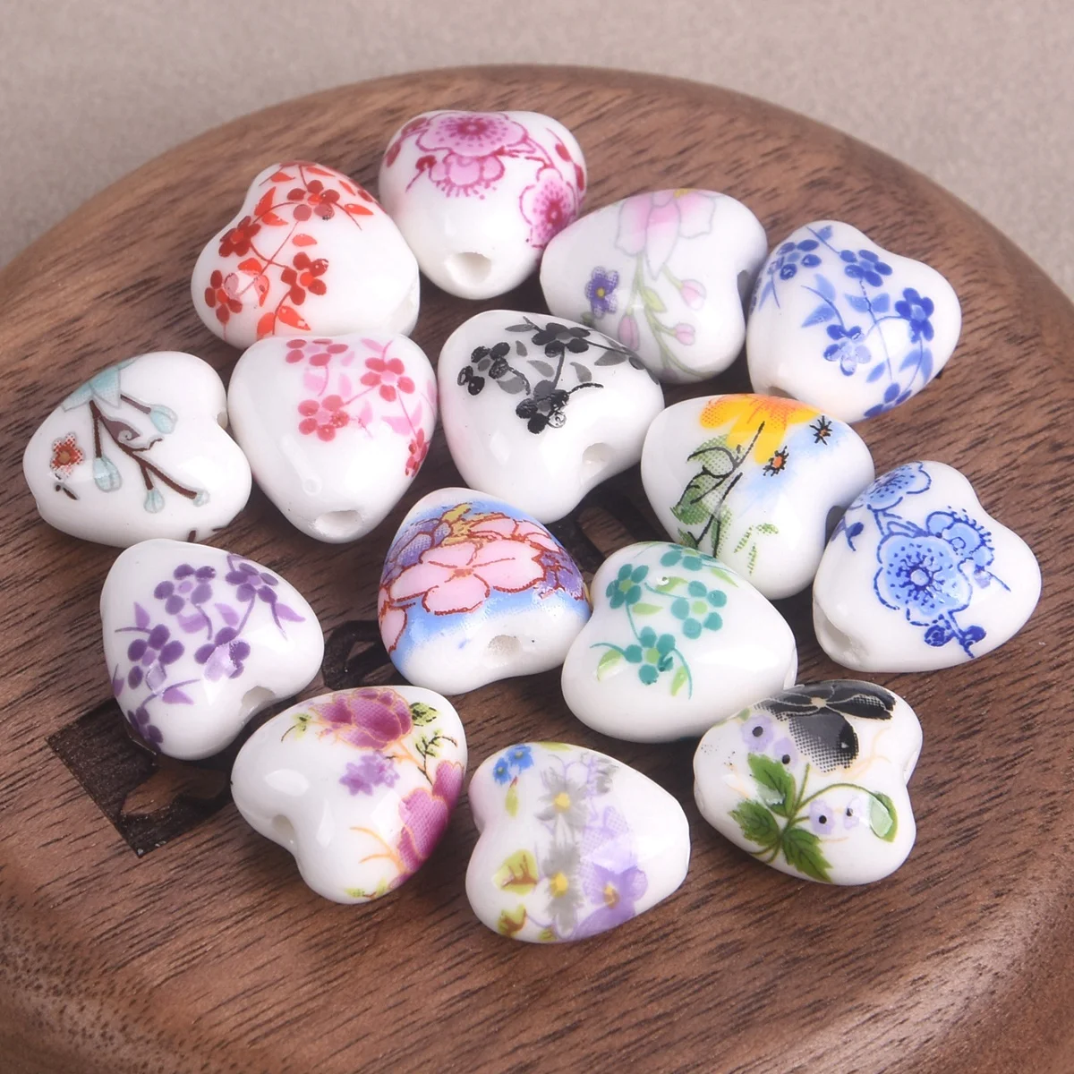 10pcs 13x12mm Heart Shape Flower Patterns Ceramic Porcelain Loose Crafts Beads For Jewelry Making DIY Findings