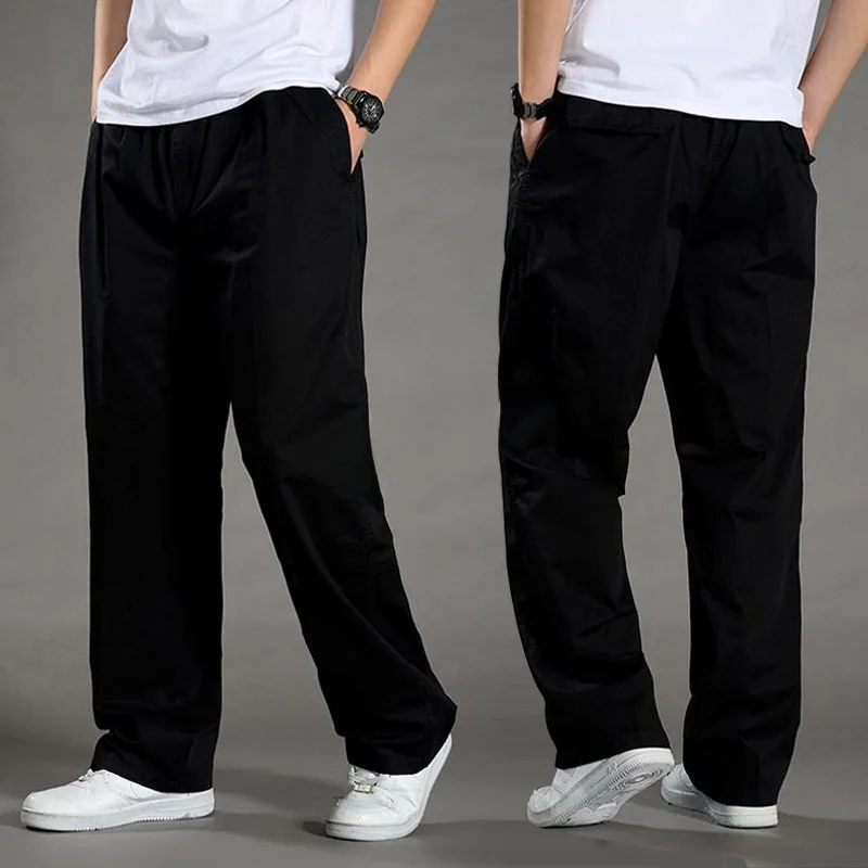 

Men's Casual Cotton Pants Spring Autumn Thin Loose Fit Workwear Trousers Mid-aged Straight Leg Elastic Waist Large Size