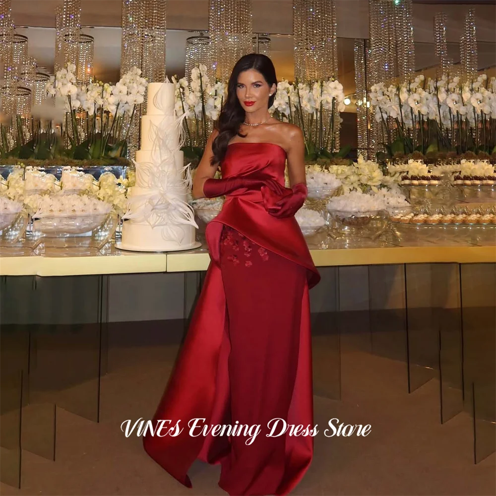 

VINES Burgundy Sleeveless Prom Dresses Strapless Satin Evening Dresses 3D Floral Party Dress Mermaid Robe De Soirée Customized