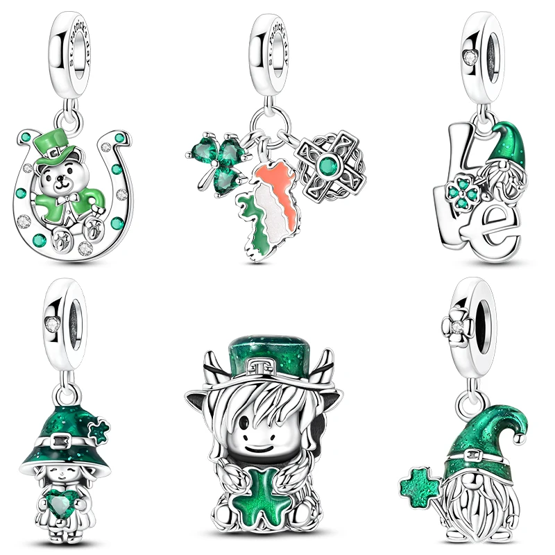 

St. Patrick's Day Original 925 Silver Charms Beads Lreland Green Pendant Fit Bracelet Diy Woman Jewelry