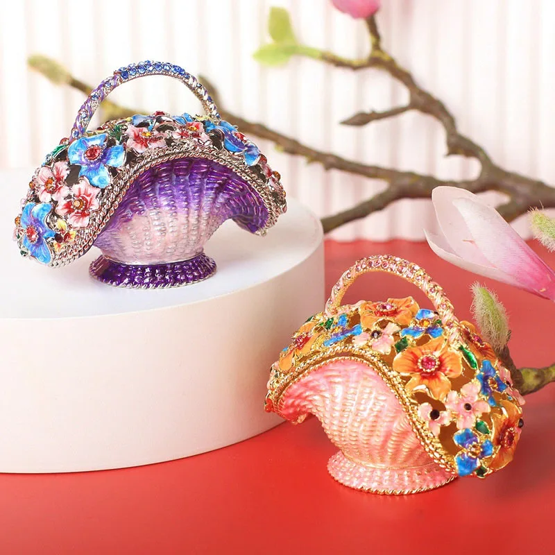 Creativity Alloy Jewelry Box Flower Basket Design Desktop Ornament Earrings Ring Necklace Storage Box Enamel Colored Handicrafts
