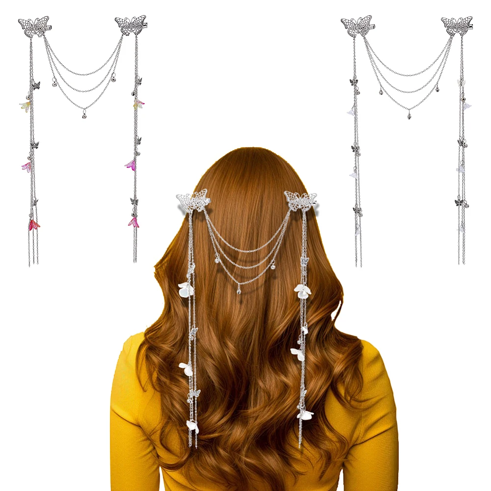 Hair Clip with Long Tassel Flower Butterfly Hair Barrettes 3Pcs Silver Wedding Butterfly Flower Headband Pearl Chain Barrettes