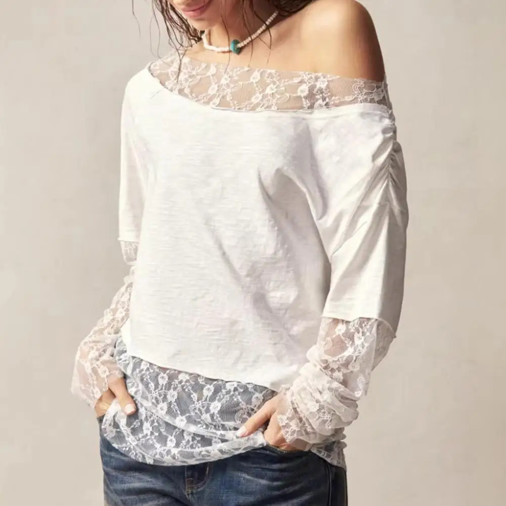 

Water-soluble Embroidery Shirt Women blouse Asymmetrical Neckline Lace Cuffs Dropped Shoulder Pure Lace Splicing Layering Shirt