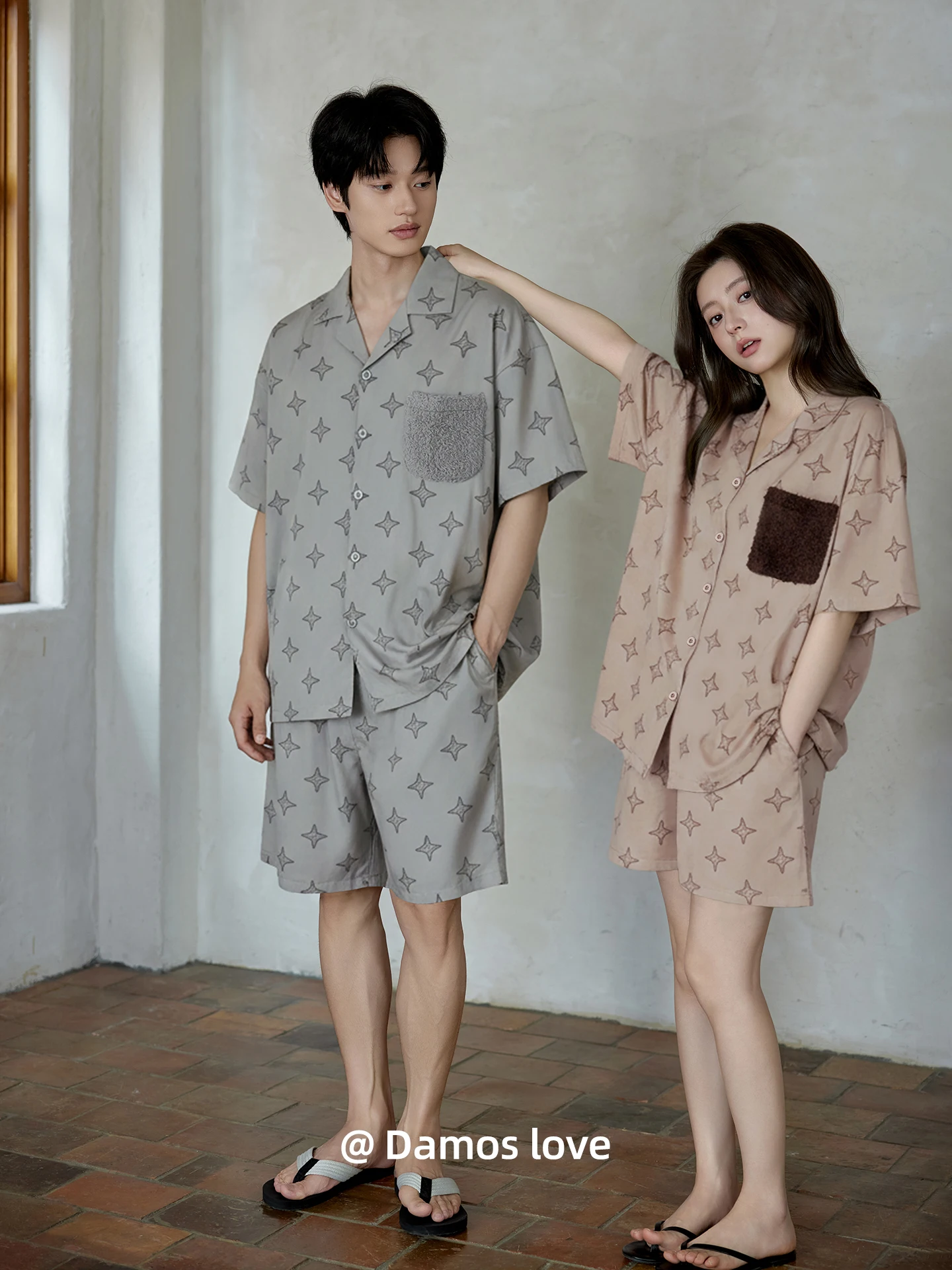couples-summer-cotton-pajamas-short-sleeve-shorts-home-clothes-casual-outdoor-wearable-men's-set-simple-style-comfortable-bre