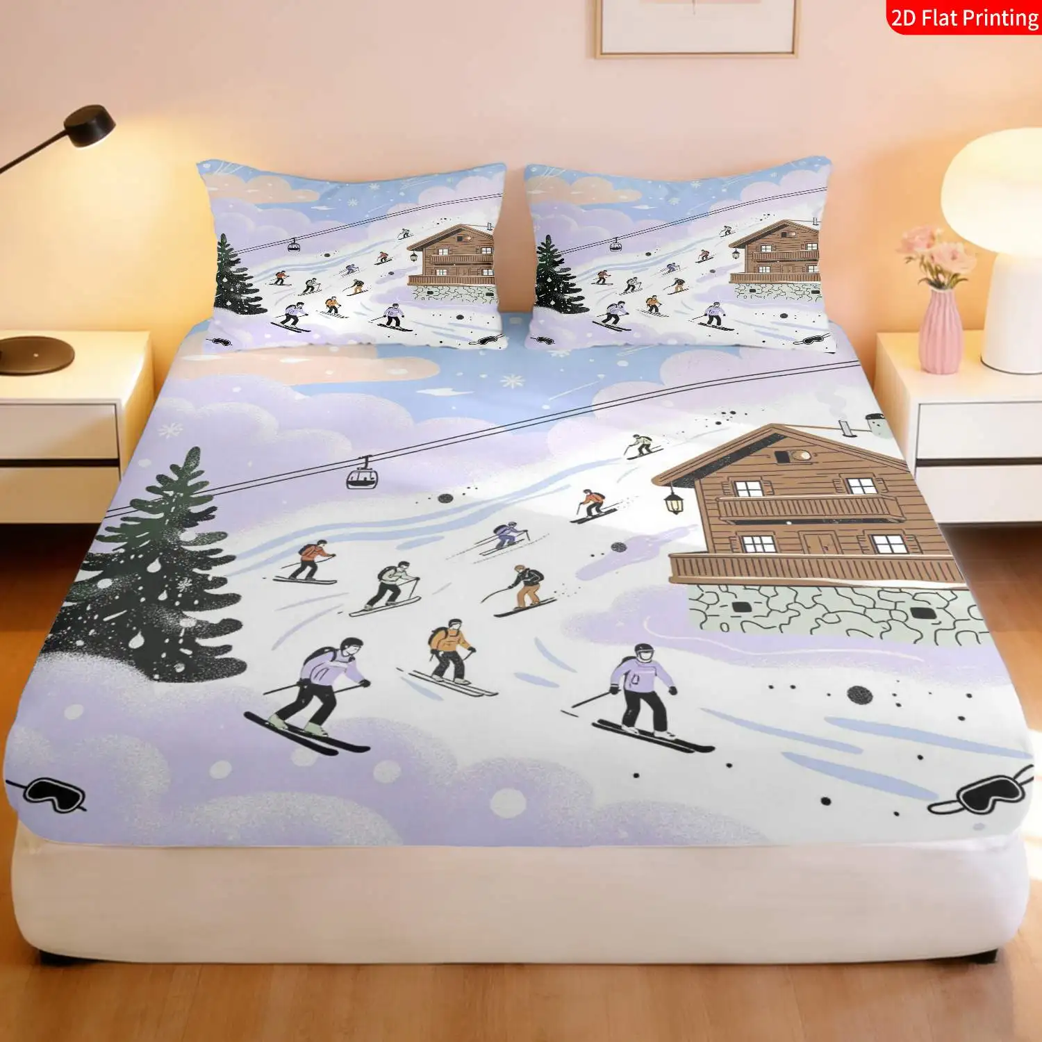 Modern Minimalist Style Winter Ski Resort Themed Bedding Set, Three-Piece Fitted Sheet Set, Three-Piece Bedding Set (Including 1 Fitted Sheet + 2 Pillowcases), 3-Piece Set, Deep Pocket Fitted Sheet with 2D Print and 2 Pillowcases, Fitted Sheet Style with Elastic Band, Protective Cover, Mattress Protector, Suitable for All Seasons, Machine Washable Design, Holiday Decoration, Various Sizes, Breathable Protective Cover Plus Pillowcase