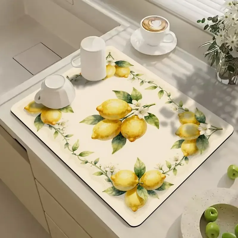 Super Absorbent Mat Vintage Lemon Fruit Printed Cushion Dish Drying Pad Kitchen Drainage Board Tableware Protection Mat