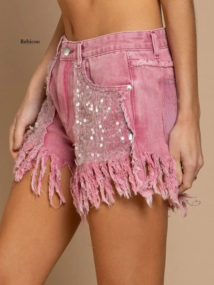 New Summer Fashion Casual Street Commuter High Waist Sequined Tassel Shorts Hot Pants Solid Multicolor Jeans Pants for Women