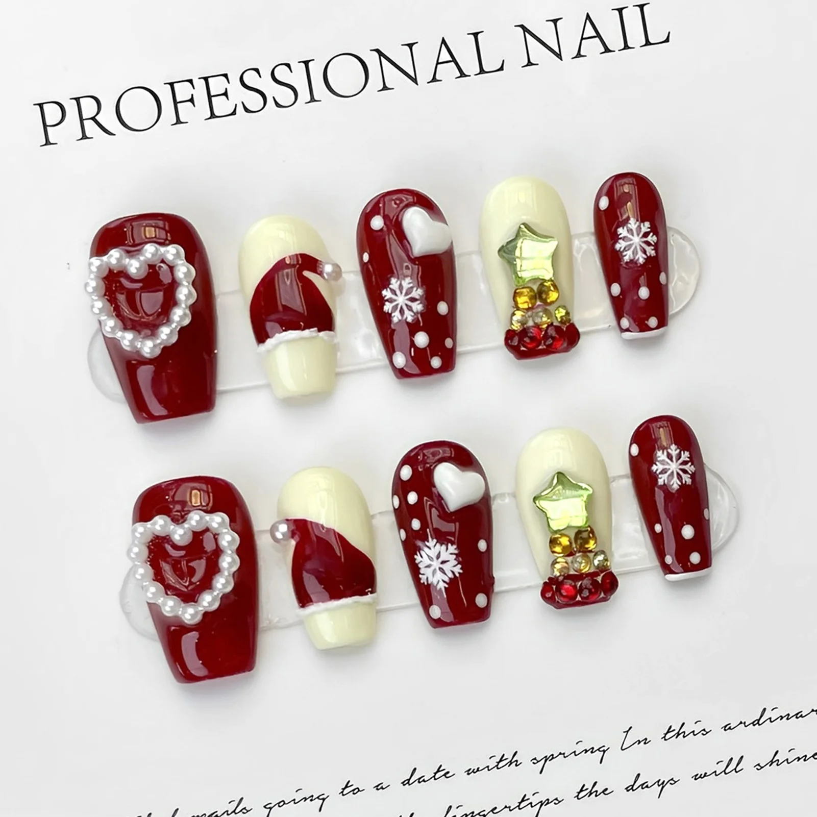 

Handmade Fake Nails Christmas Red Press On Acyrlic Nails With Stars Diamond Pearls Decor Coffin French False Nails Long Wearable