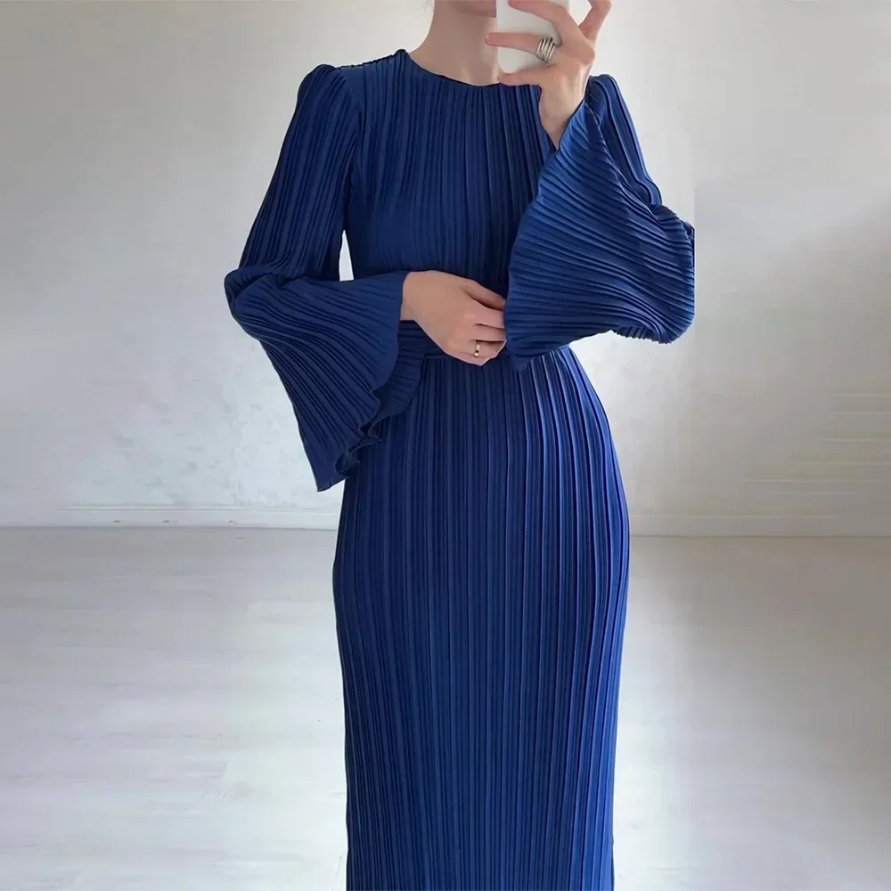 Elegant Pleated Dress Women Round Neck Belt Gathered Waist Solid Color Long Dresses Party 2024 Spring New