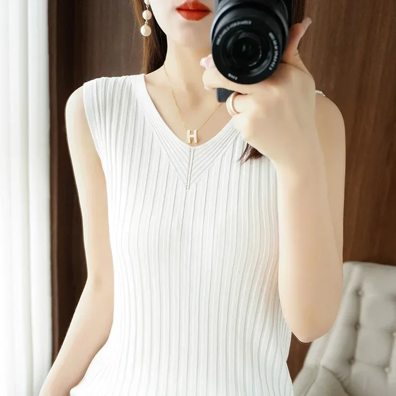 Spring Summer Women Sweater Vest Korean Fashion Slim Fit Ice Silk Sleeveless Tops Solid Knitwears Strecth Knit Pullovers Vests