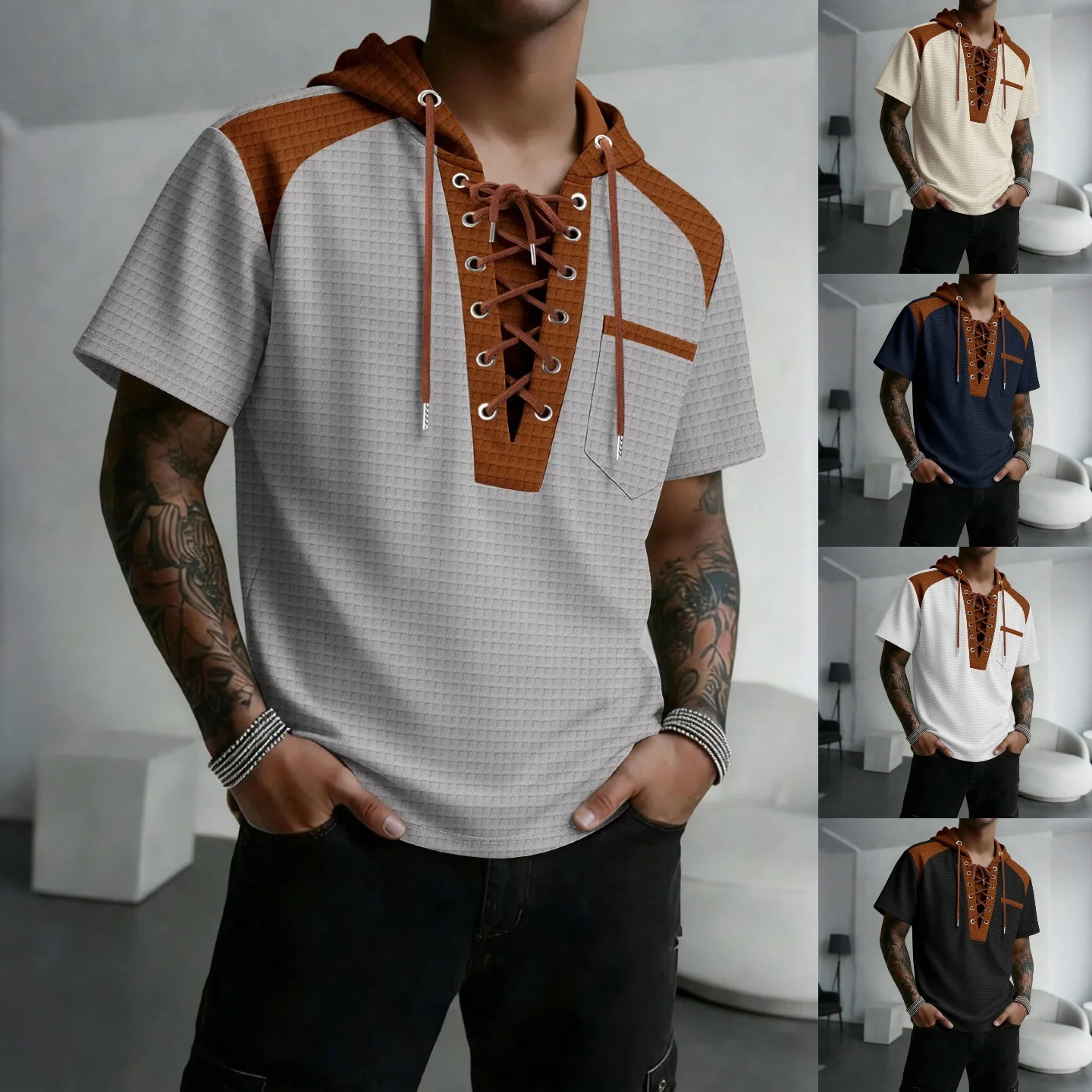 

Summer men's new style large-check pattern fashionable casual loose urban breathable skin-friendly multi-color hooded top