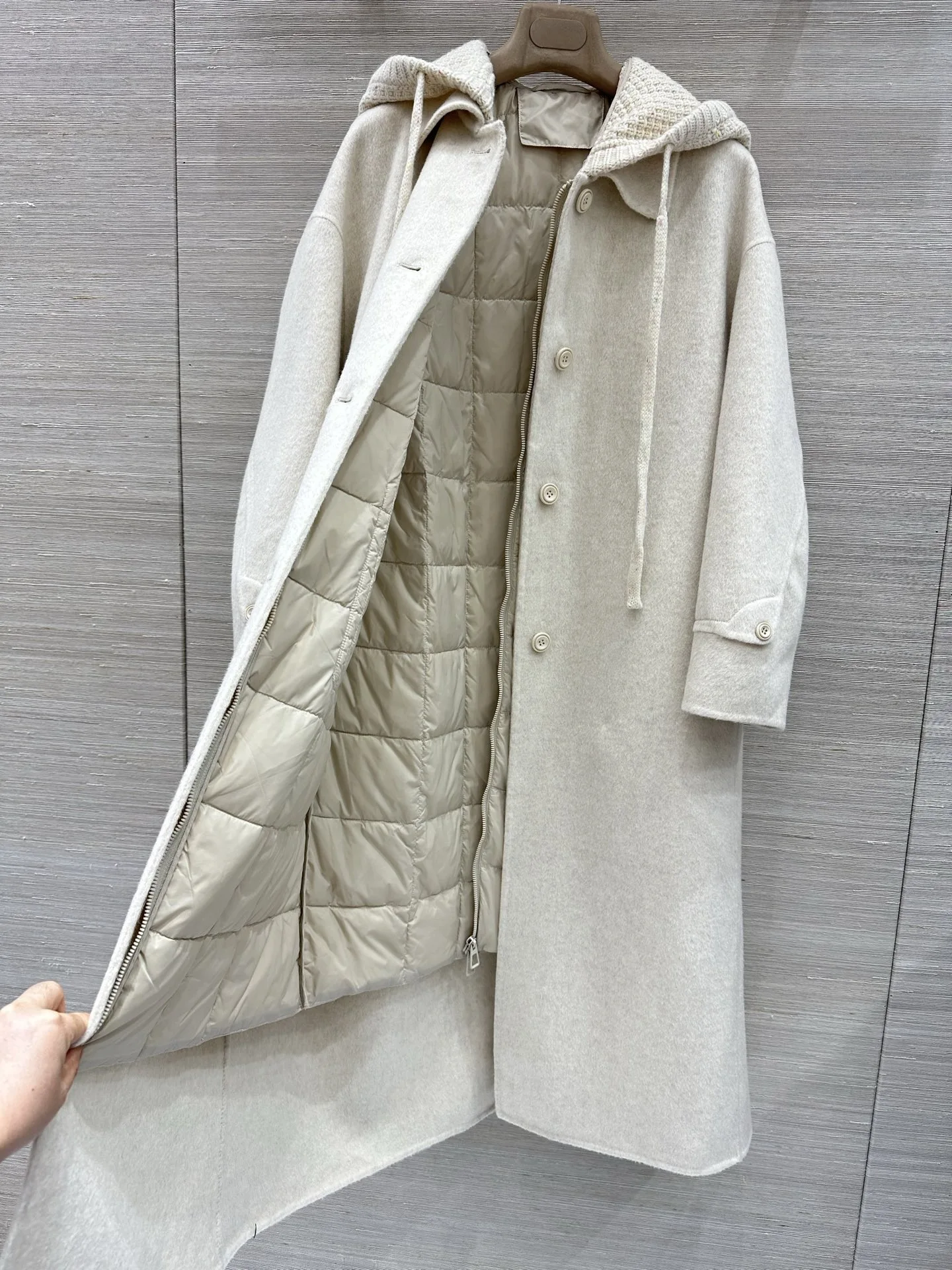 Detachable Hooded Down Vest Elegant Lapel Solid Color Loose Long Overcoat Two Piece Set