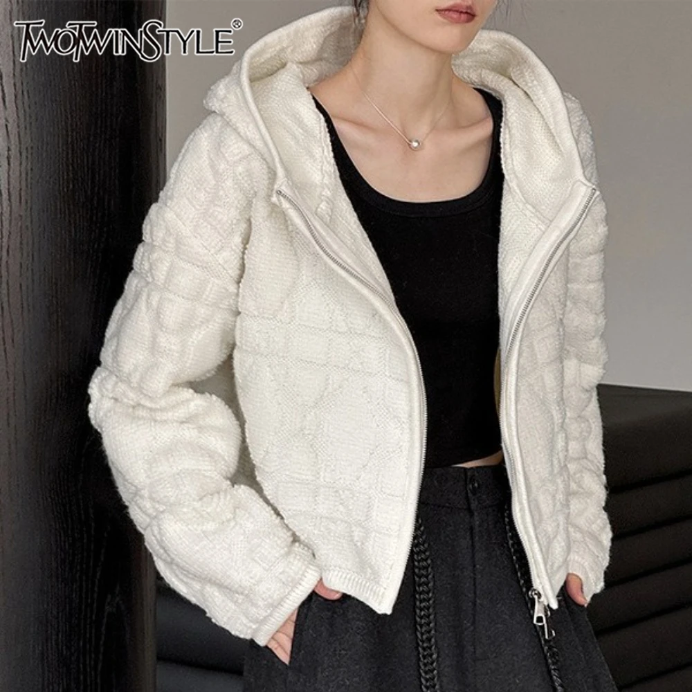 

TWOTWINSTYLE Solid Spliced Plaid Korean Jacket Female Hooded Long Sleeve Loose Minimalist Design Women's Jackets Autumn Fashion