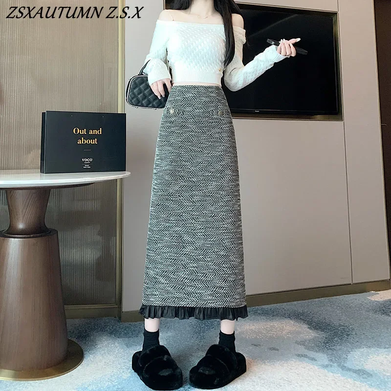 Tweed Skirt Women Winter New Temperament High Waist Patchwork Slit Skirt Korean Fashion Clothing Long Skirts for Female