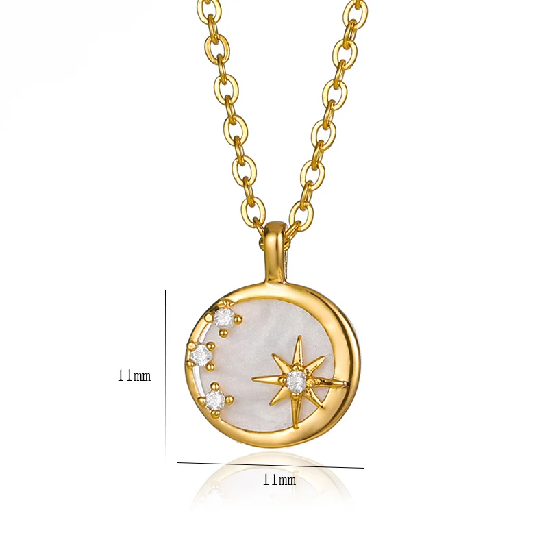 Vintage White Shell Moon Sun Pendant Necklace Zircon Round Coin Stainless Steel Chain Fashion Party Birthday Jewelry Bijoux Gift