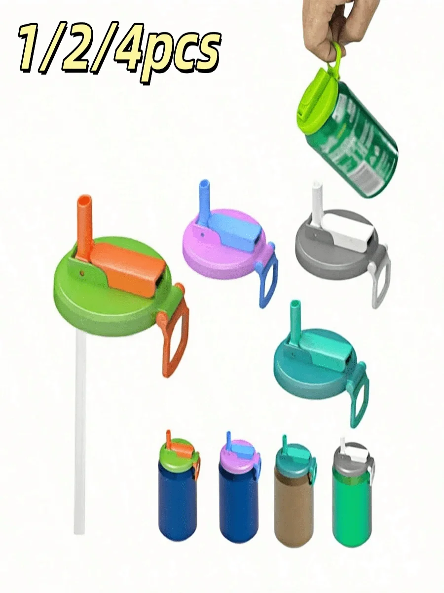 4 tapas de plástico para latas de refresco, reutilizables con pajitas de silicona, tapas para bebidas a prueba de fugas y derrames con orificio para pajita, fáciles de limpiar, higiénicas, para el hogar, la cocina, la playa, la piscina, fiestas, picnics, campamentos (color aleatorio)