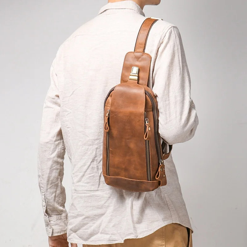 Retro Men's Genuine Leather Crossbody Chest Bag Spring Summer Sporty Saddlebag Single Shoulder Bag Leather Goods