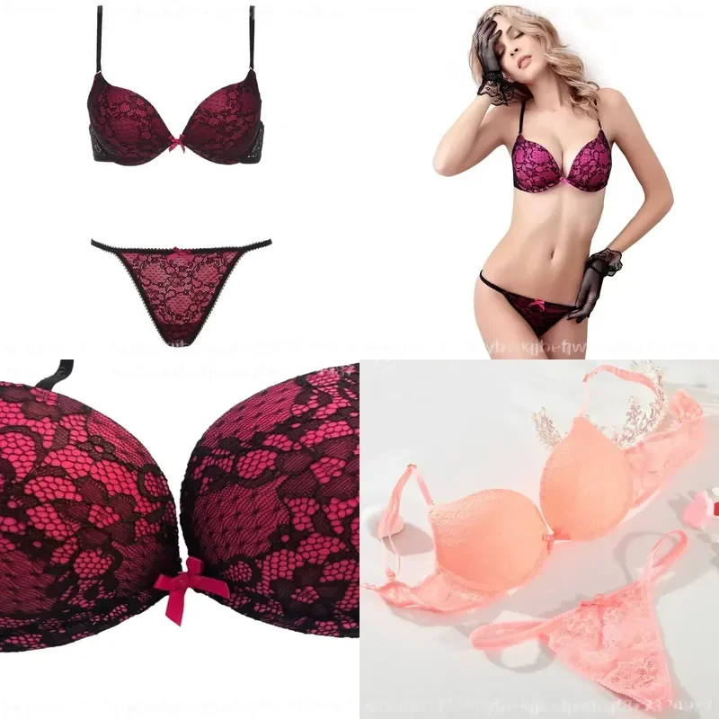 Women Cotton Deep V Lace Push Up Bra and Panty Set Sexy Bow G-string Lingerie Comfortable Matching Underwear Intimates