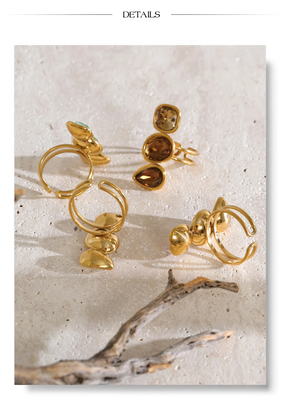 Yhpup Mehrfarbiger Edelstahl-Tropfenring mit quadratischem Kristall, offener, verstellbarer Ring, trendiger goldener Fingerschmuck. – Detail 9