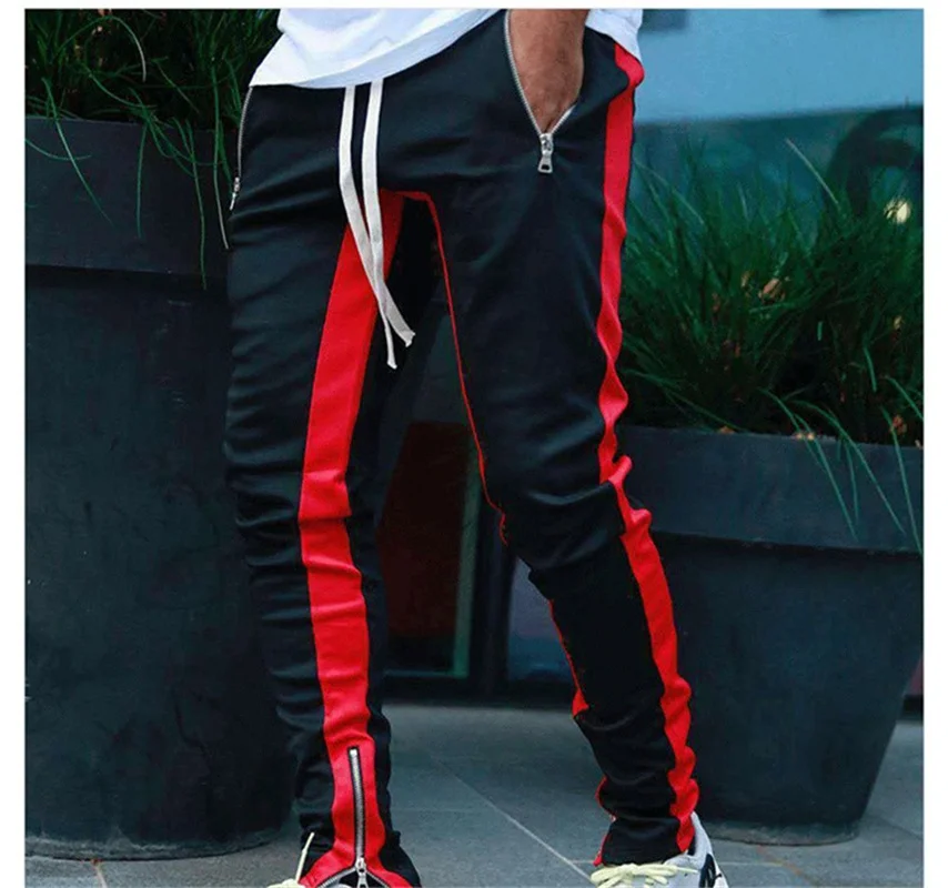 Autumn new long pants with zippered legs, men\'s casual sports pants, running pants, double pocket zippered jogging pants