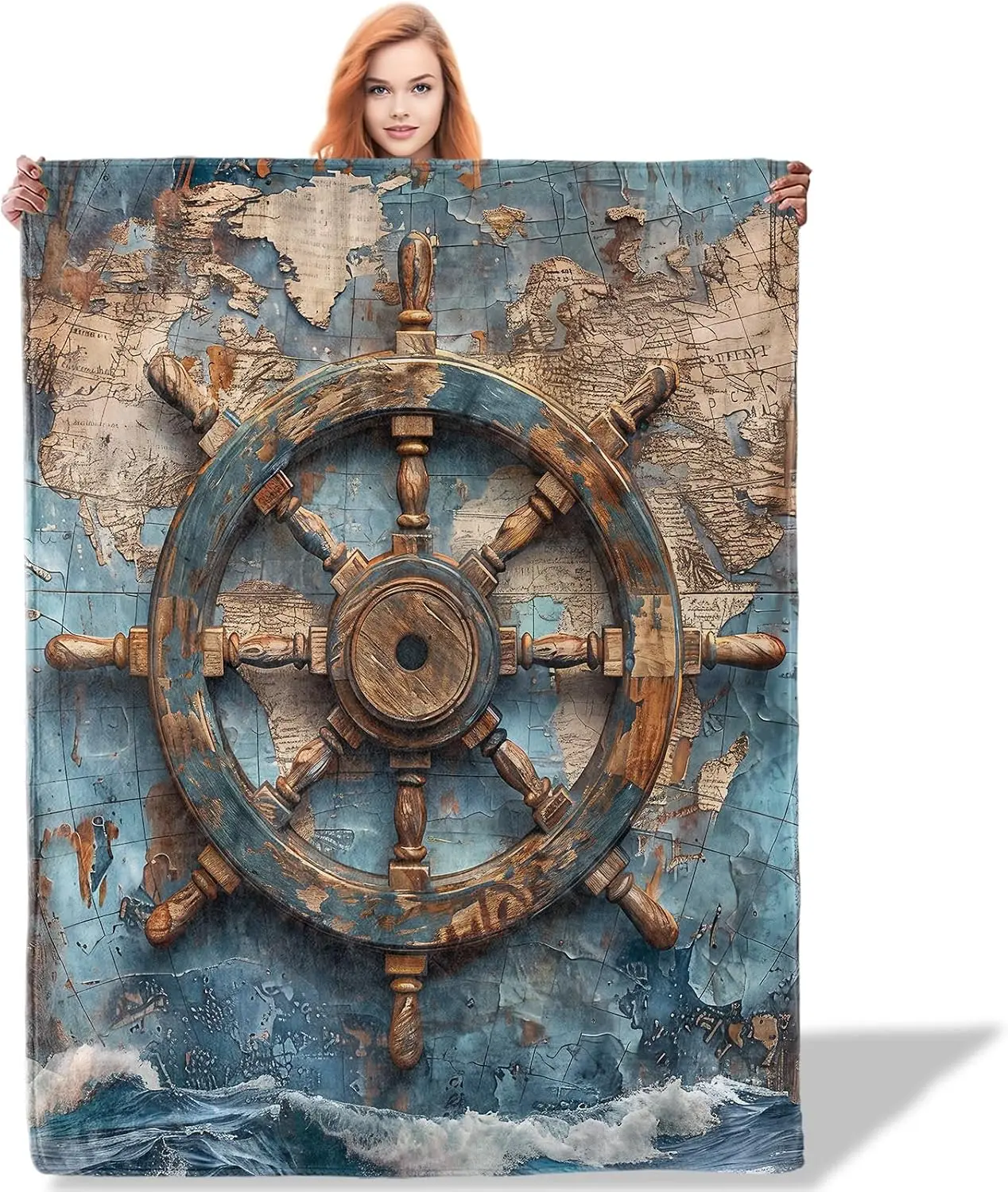 Vintage Worn Wooden Ship Wheel Old World Map Ocean Wave Print Soft Flannel Blanket Nautical Retro Throw for Sofa Bedroom Home