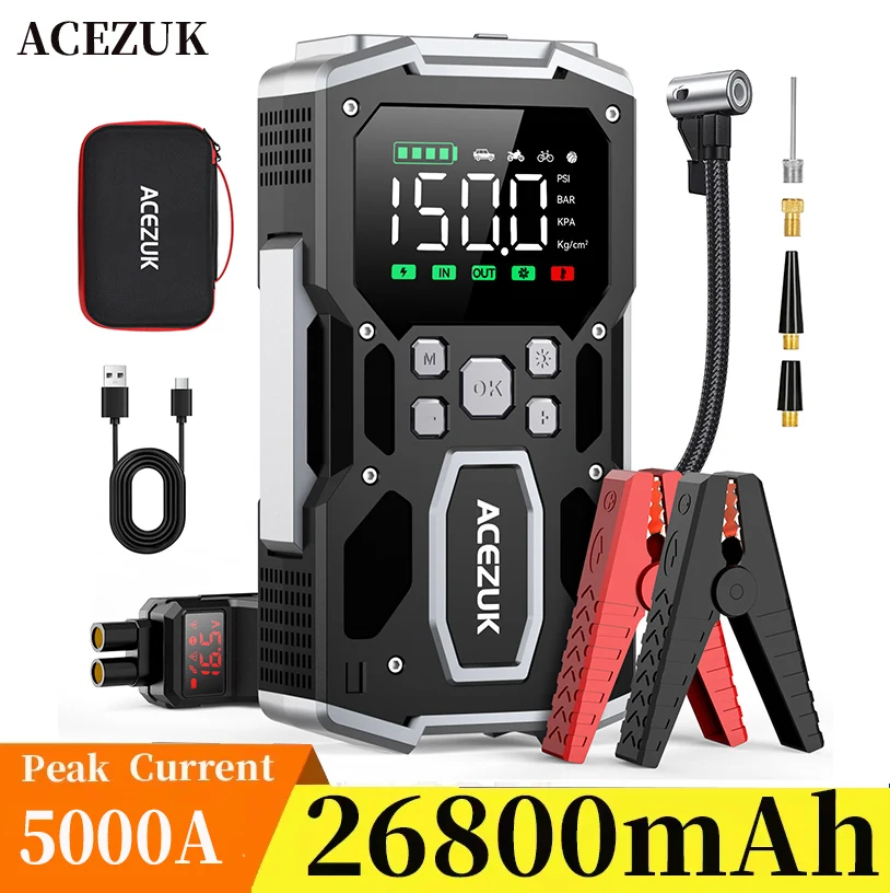 

5000A Car Jump Starter Power Bank Portable 150PSI Air Pump Car Battery Emergency Boosters Starting Device Car Starter 2024