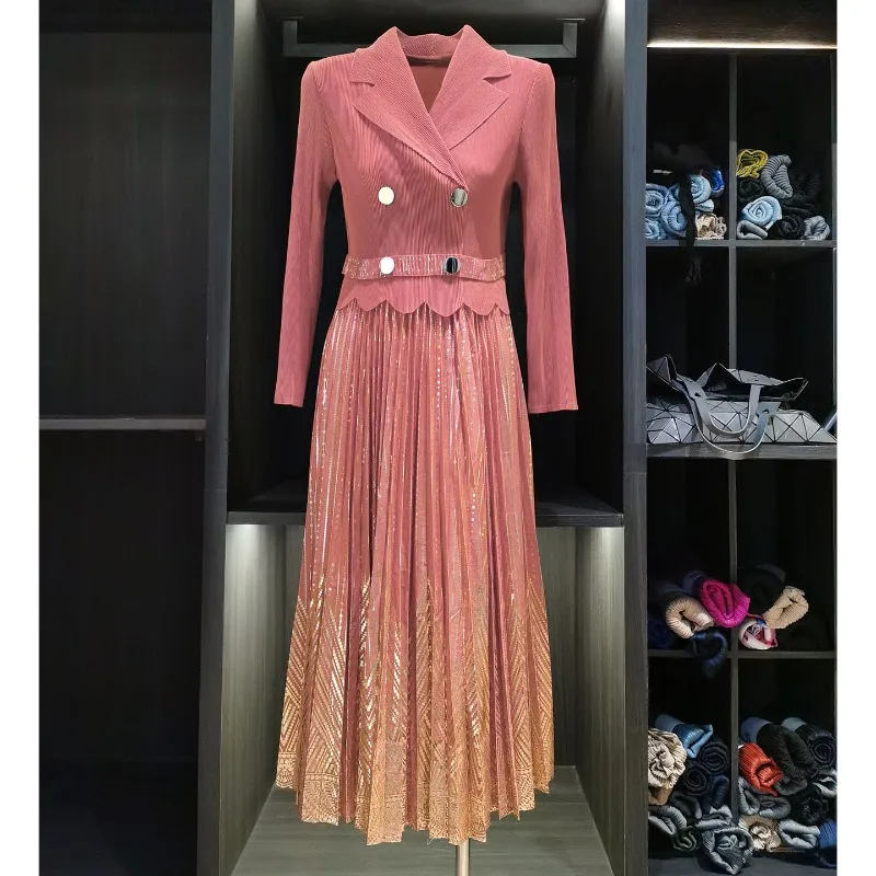 

Miyake Pleated Dress 2025 Fall New Splicing Fake 2-piece Pleats Waisted Suit Collar Long-sleeved Hot Stamping Print Dresses