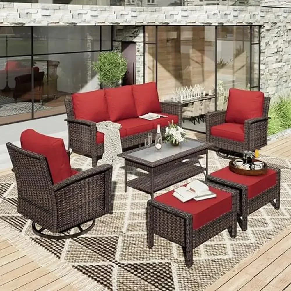 7-Seat Outdoor Wicker Furniture Set with Swivel Chairs Sofa Ottomans & Coffee Table