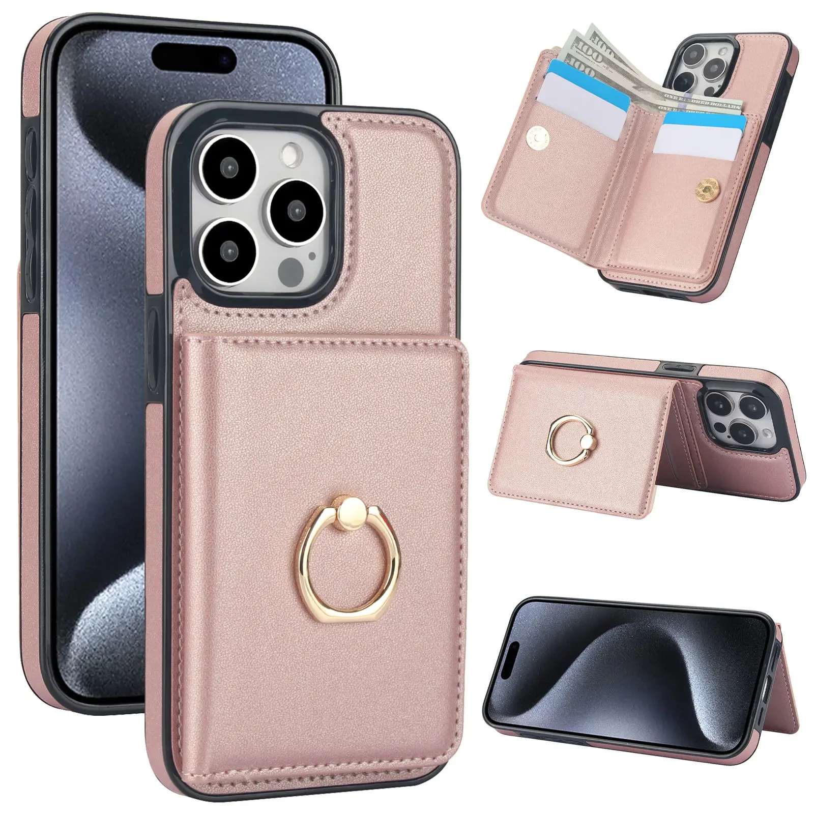 

Wallet Case with Card Holder, 360° Rotation Ring Kickstand Magnetic Clasp for iPhone 15 14 13 12 11 Pro Max SE 2022 XR XS Max