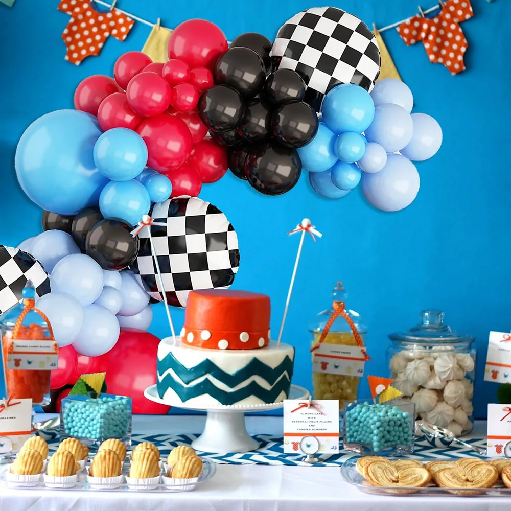 Racing Balloon Arched Garland Set Red Blue Black Checkered Flag Aluminum Foil Balloon Racing Theme Two Times Fast 2Th Birthday Racing Theme Party