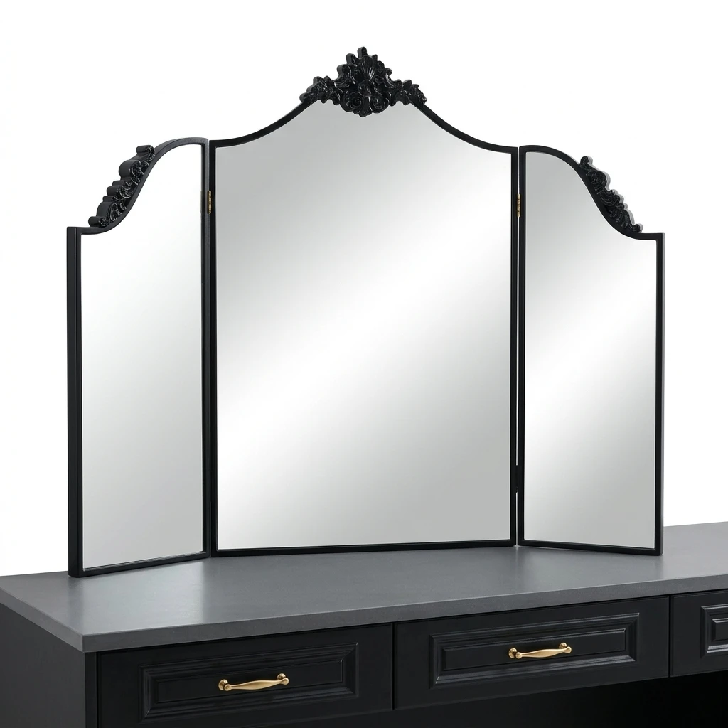 Factory European-style Vintage Three-sided Folding Mirror with Carved Patterns - Dressing Table Makeup Mirror