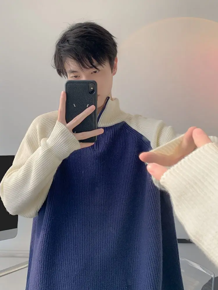 

Loose Men's Knitted Sweater f Zipper Stand Collar Autumn Winter Casual Faion Color Blo oulder Sve Outerwear