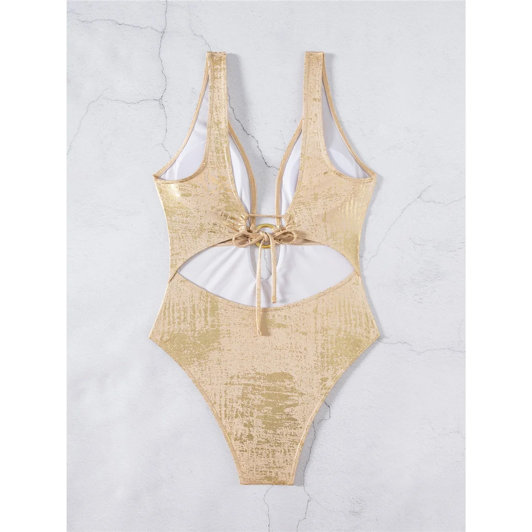 Sexy goldener Badeanzug mit tiefem V-Ausschnitt, hohem Beinausschnitt und offenem Rücken, einteiliger Badeanzug für Damen, Monokini, Badebekleidung, Badeanzug, Modell V6690. – Detail 26