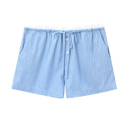 Tangada Women Blue Striped Print Shorts Strethy Waist Pockets Female Shorts 3H0670