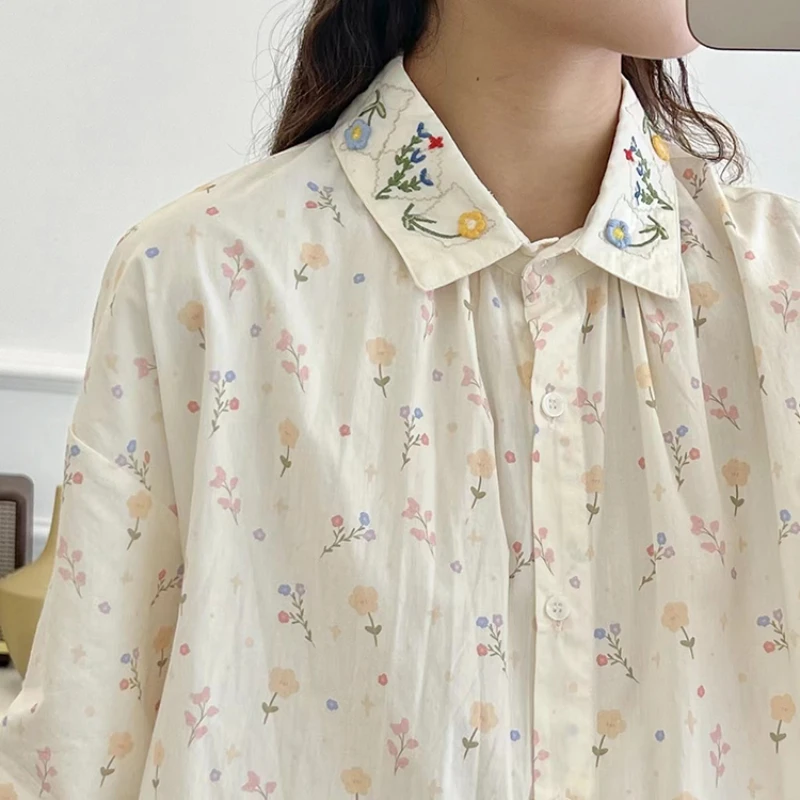 Spring Mori Girl Flower Embroidery Turndown Collar Cotton Print Long Sleeve Shirt 2024