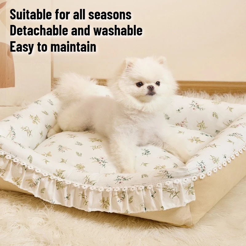 

Кровать для кошек, диван для маленьких собак, гнездо для кошек, сельский стиль, чистый хлопок с краями листьев лотоса, съемные и моющиеся товары для домашних животных, четыре сезона