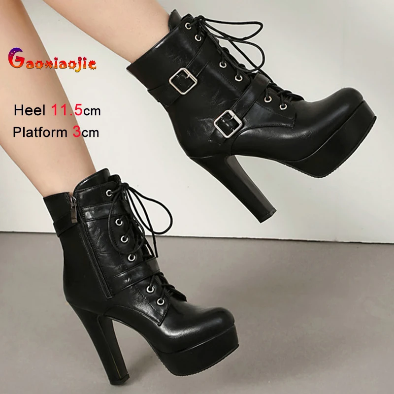 

2025 Новые осенне-зимние черные женские ботильоны со шнуровкой и пряжкой на ремне, высокие каблуки 11,5 см, короткие ботинки на платформе 3 см, туфли с круглой головкой