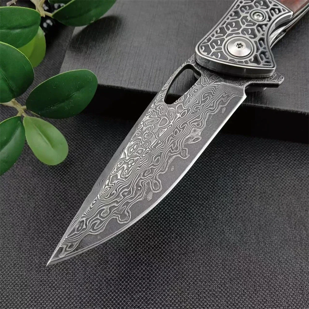 Folding Pocket Knife Damascus Steel Blade Cedarwood Handle with Leather Sheath Outdoor EDC Survival Camping Tool