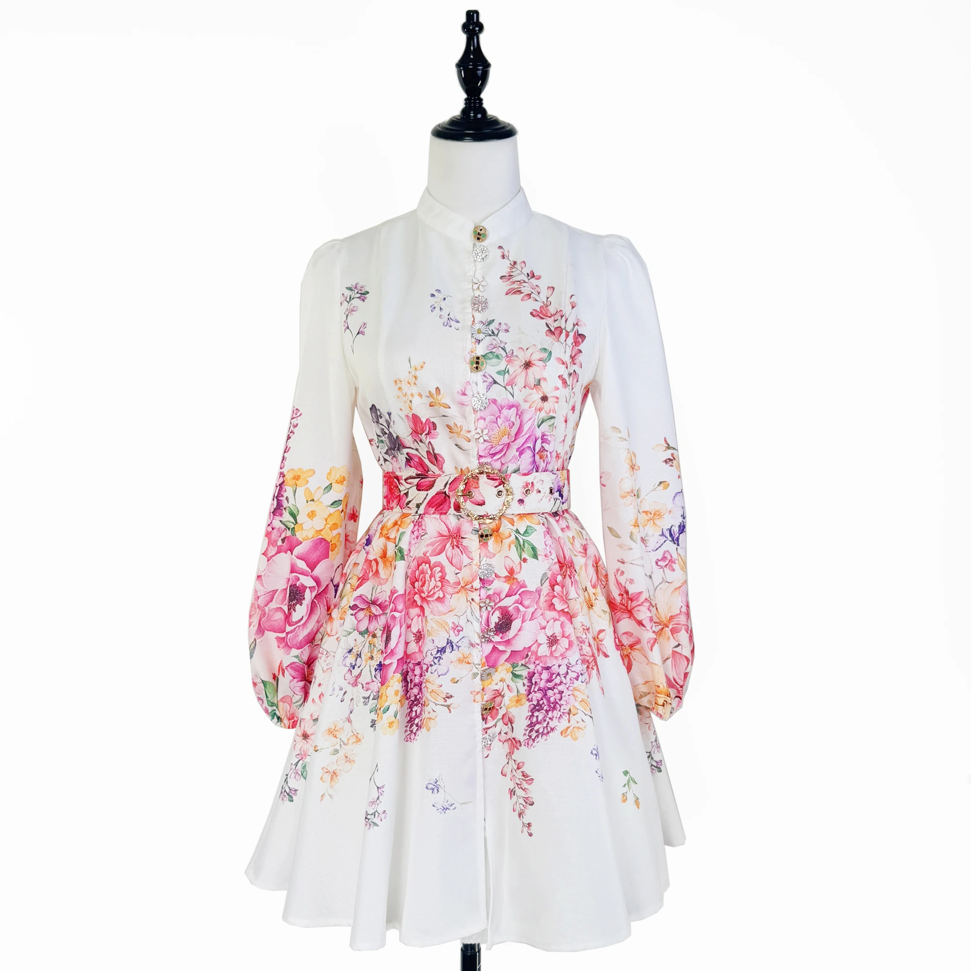 Retro Spódnica Midi z Kwiatowym Nadrukiem, z Paskiem, Zapinana na Jeden Guzik, z Poliestru, Krój Latarnia, dla Kobiet