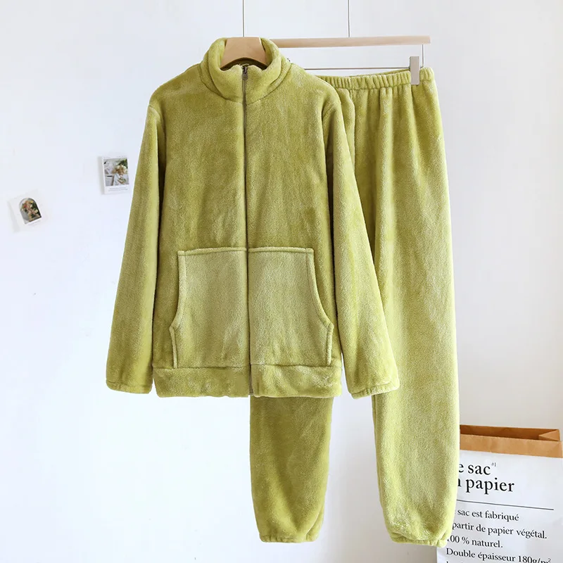 2PCS Women's Solid Flannel Pajama Stand Color Long-Sleeved Warm Fleece Thick Home Sleepwear 2023 Autumn Winter Zipper Pyjama
