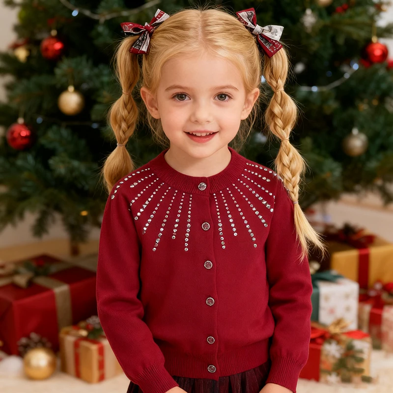 

Christmas Baby Girls Knitting Cardigan Coat Autumn Winter 2-7Y Long Sleeved Embroidery Casual Children Diamond Sweater Coat