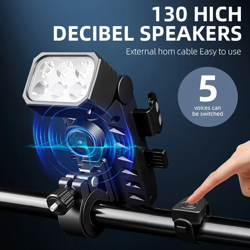 مصباح أمامي للدراجة مع قرن، حامل هاتف من النوع C، ضوء دراجة قابل لإعادة الشحن، أضواء مقود ساطعة، مصباح يدوي لركوب الدراجات مقاوم للماء