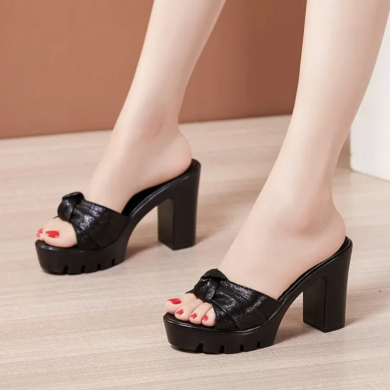 Plus Size 32-43 Platform Slides Zomer Bruiloft Schoenen 2021 Open Hoofd Boog Hoge Hakken Slippers Dames Party kantoor Slipper Schoen