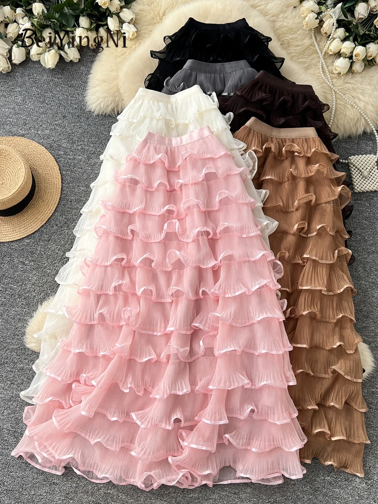 Beiyingni Senior Classy Cake Skirts Female Celebrity Style Women's Mesh Puffy Tutu Maxi Skirt French Party Fit And Flare Skirt